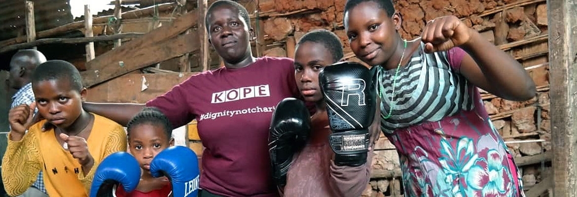 Hellen Baleke with some children at the Rhino Boxing Club - Katanga
